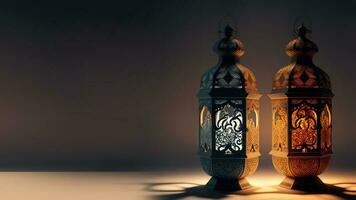 Realistic Illuminated Arabic Two Lanterns On Dark Background. Islamic Religious Concept. 3D Render photo