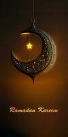 Ramadan Mubarak Banner Design With 3D Render of Hanging Shiny Starry Crescent Moon On Black Background. photo