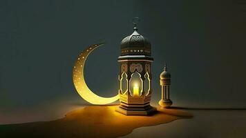 3D Render of Illuminated Arabic Lamp With Crescent Moon On Sand Dune. Islamic Religious Concept. photo