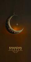 Ramadan Kareem Banner Design With 3D Render of Hanging Crescent Moon And Star On Dark Background. photo