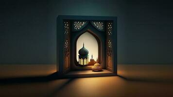 Arabic Lantern With Mosque Inside Islamic Window Copy Space.  Islamic Religious Concept. 3D Render. photo