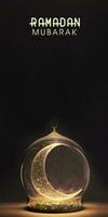 Ramadan Mubarak Banner Design With 3D Render of Beautiful Shiny Crescent Moon Inside Glass Ball Vase On Black Background. photo