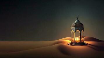 3D Render of Illuminated Arabic Lamp On Sand Dune. Islamic Religious Concept. photo