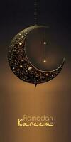 Ramadán Mubarak bandera diseño con 3d hacer de colgando brillante estrellado creciente Luna en negro antecedentes. foto