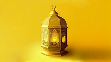 Illuminated Golden Arabic Lantern On Chrome Yellow Background. Islamic Religious Concept. 3D Render. photo