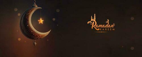 Ramadan Kareem Banner Design With 3D Render of Hanging Crescent Moon And Glowing Star On Bokeh Dark Background. photo