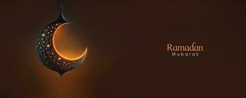 Ramadan Mubarak Banner Design With 3D Render of Hanging Starry Crescent Moon And Light Effect On Dark Brown Background. photo