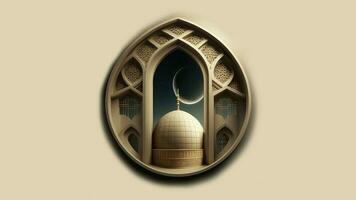 3D Render Of Mosque With Realistic Crescent Moon Inside Mosaic Window. Islamic Religious Concept. photo