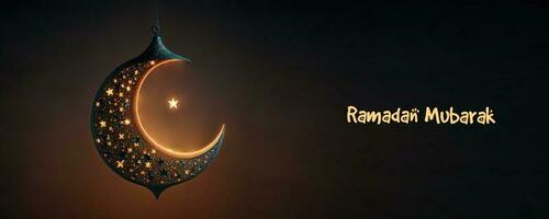 Ramadan Mubarak Banner Design With 3D Render of Hanging Shiny Starry Crescent Moon On Black Background. photo