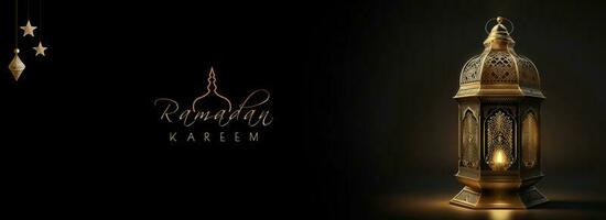 Ramadan Kareem Banner Design With 3D Render of Illuminated Arabic Lamp On Dark Background. photo