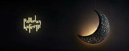 Ramadán kareem bandera diseño con 3d hacer de colgando Exquisito creciente Luna en negro antecedentes. foto