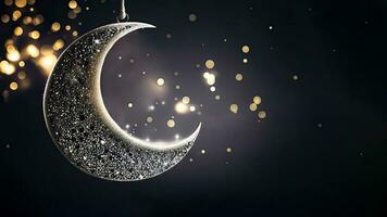 3D Render of Exquisite Shiny Crescent Moon On Bokeh Background. Islamic Religious Concept. photo