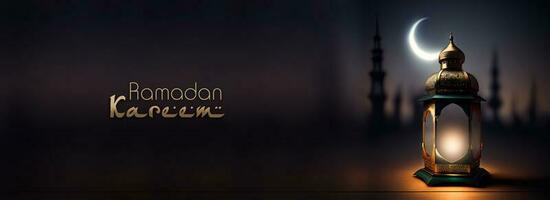 Ramadan Kareem Banner Design With 3D Render of Illuminated Arabic Lamp On Crescent Moon Night Background. photo