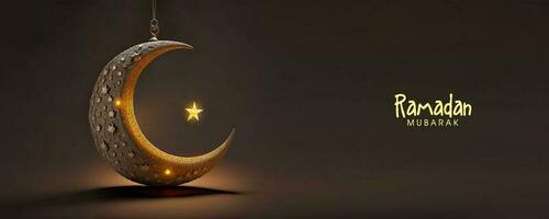 Ramadan Mubarak Banner Design With 3D Render of Hanging Crescent Moon And Glowing Star On Black Background. photo