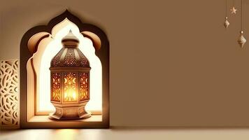 3D Render of Illuminated Arabic Lantern In Window Arch. Islamic Religious Concept. photo