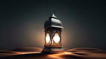 3D Render of Illuminated Arabic Lamp On Sand Dune. Islamic Religious Concept. photo