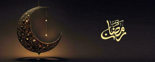 Arabic Calligraphy of Ramadan Kareem And 3D Render, Hanging Exquisite Crescent Moon Decorated Shiny Stars On Black Background. Banner or Header Design. photo