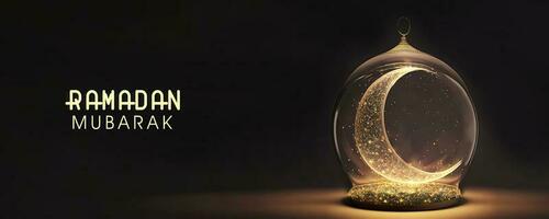 Ramadan Mubarak Banner Design With 3D Render of Beautiful Shiny Crescent Moon Inside Glass Ball Vase On Black Background. photo