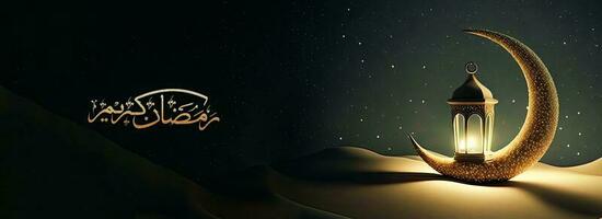 Arabic Calligraphy of Ramadan Kareem And 3D Render, Golden Exquisite Crescent Moon With Illuminated Lamp On Sand Dune. Banner or Header Design. photo