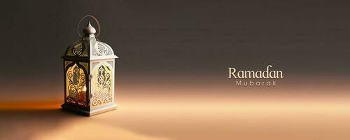 Ramadan Mubarak Banner Design With 3D Render of Illuminated Arabic Lamp On Black And Copper Background. photo