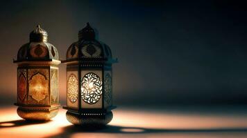 3D Render of Realistic Illuminated Arabic Lanterns On Dark Background. Islamic Religious Concept. photo