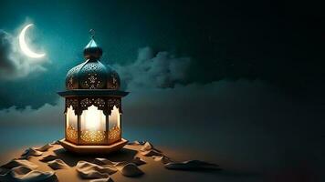 Realistic Illuminated Arabic Lantern And Realistic Crescent Moon On Cloudy Background. Islamic Religious Concept. 3D Render. photo