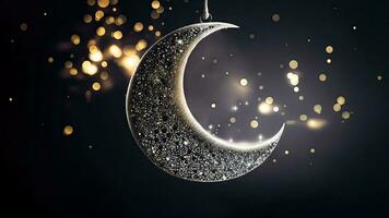 3d hacer de Exquisito brillante creciente Luna en bokeh antecedentes. islámico religioso concepto. foto