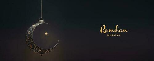 Ramadan Mubarak Banner Design With 3D Render of Hanging Exquisite Crescent Moon And Star On Black Background. photo