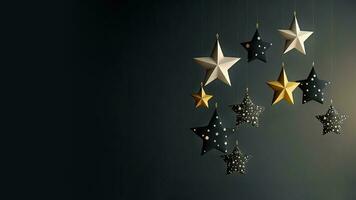 3D Render of Different Style Stars Hang On Black Background. photo