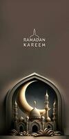 Ramadán kareem vertical bandera diseño con 3d hacer de Exquisito mezquita, creciente Luna dentro ventana forma. foto