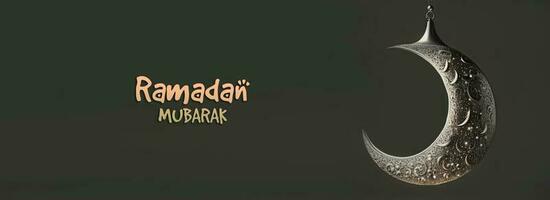 Ramadan Mubarak Banner Design With 3D Render of Silver Exquisite Crescent Moon Hang. photo