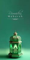 Ramadan Mubarak Banner Design With Realistic Illuminated Arabic Lamp On Teal Green Background. photo