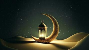 3D Render of Golden Crescent Moon With Illuminated Arabic Lantern On Sand Dune. Islamic Religious Concept. photo