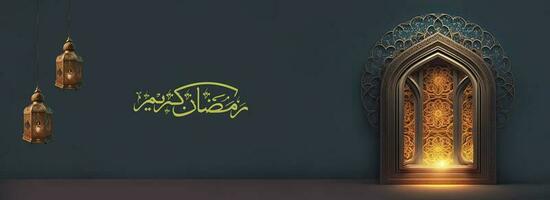 Arábica caligrafía de Ramadán kareem con colgando iluminado Arábica lamparas en brillante islámico puerta. foto