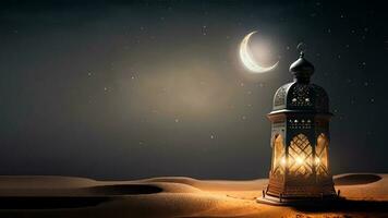 3D Render of Illuminated Arabic Lamp On Sand Dune And Crescent Moon Night View. Islamic Religious Concept. photo