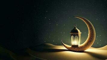 3D Render of Golden Crescent Moon With Illuminated Arabic Lantern On Sand Dune. Islamic Religious Concept. photo