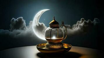 3D Render of Illuminated Golden Arabic Lamp On Plate Against Crescent Moon Cloudy Background. Islamic Religious Concept. photo