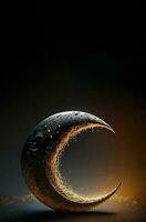 3D Render of Dispersion Effect Crescent Moon On Dark Background. Islamic Religious Concept. photo