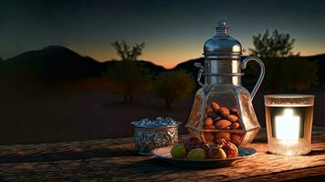 3D Render of Arabic Dates Jug With Lit Lantern On Wooden Texture Background And Sunrise or Sunset. Islamic Religious Concept. photo