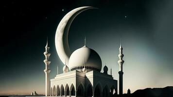 3D Render of Beautiful Mosque With Crescent Moon On Night Background. Islamic Religious Concept. photo
