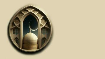 3D Render Of Mosque With Realistic Crescent Moon Inside Mosaic Window. Islamic Religious Concept. photo