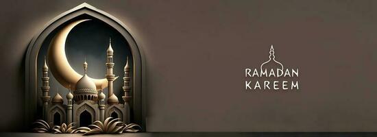 Ramadan Kareem Banner Design With 3D Render of Exquisite Mosque, Crescent Moon Inside Window Shape. photo