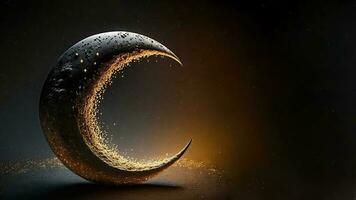 3D Render of Dispersion Effect Crescent Moon On Dark Background. Islamic Religious Concept. photo