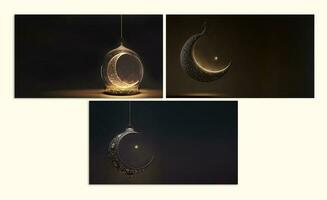 Collection of Hanging Crescent Moon And Golden Star On Dark Background. 3D Render. photo