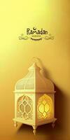 Ramadan Mubarak Vertical Banner With 3D Render of Golden Illuminated Arabic Lamp On Yellow Background. photo