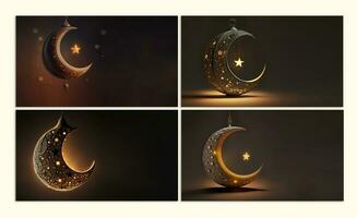 Collection of Hanging Exquisite Crescent Moon With Golden Shiny Star On Dark Background. 3D Render. photo