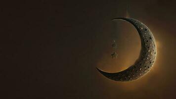 3D Render of Hanging Exquisite Shiny Carved Moon With Stars On Black Background. Islamic Religious Concept. photo