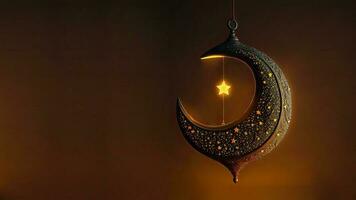 3D Render of Hanging Exquisite Carved Moon With Star On Dark Background. Islamic Religious Concept. photo