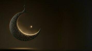 3D Render of Hanging Exquisite Shiny Carved Moon With Stars On Black Background. Islamic Religious Concept. photo