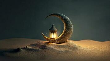 3D Render of Golden Crescent Moon With Illuminated Arabic Lantern On Sand Dune. Islamic Religious Concept. photo